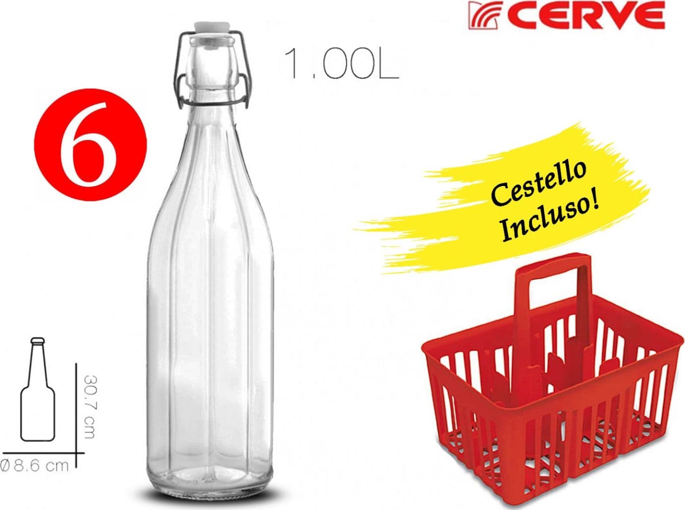 SET 6 BOTTIGLIE IN VETRO DA 1 LT COSTOLATE + CESTELLO PORTABOTTIGLIE COL.MISTI in prodotto EuroStore07 - Alatri, commercioVirtuoso.it