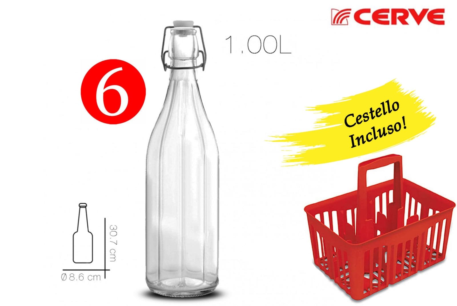 SET 6 BOTTIGLIE IN VETRO DA 1 LT COSTOLATE + CESTELLO PORTABOTTIGLIE COL.MISTI in prodotto EuroStore07 - Alatri, commercioVirtuoso.it