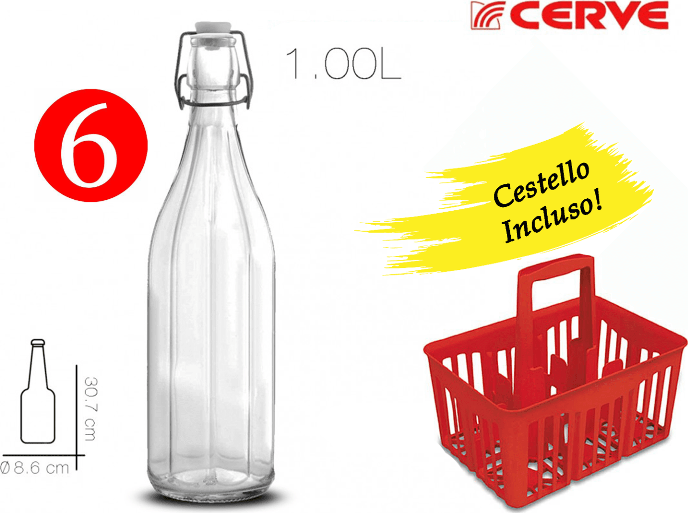 SET 6 BOTTIGLIE IN VETRO DA 1 LT COSTOLATE + CESTELLO PORTABOTTIGLIE COL.MISTI in prodotto EuroStore07 - Alatri, commercioVirtuoso.it
