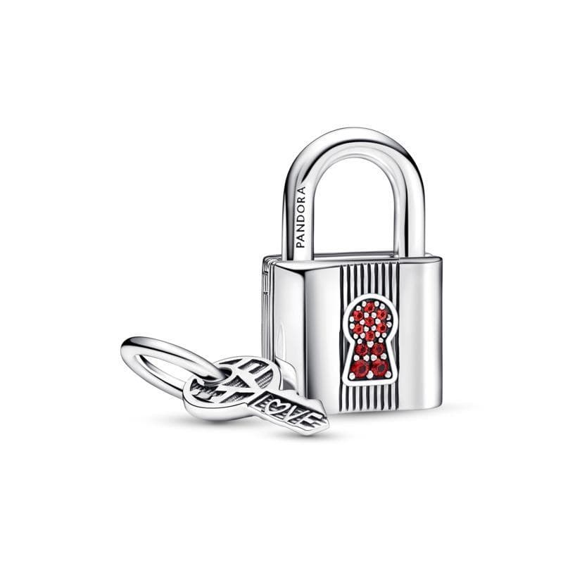 Pandora  Charm Pendente Lucchetto e Chiave dell’Amore con Pietre Rosse