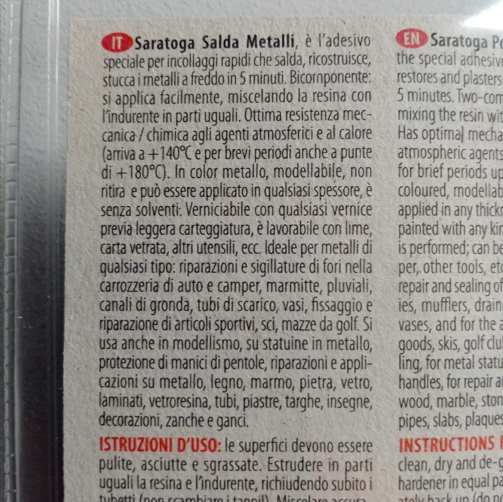 Saratoga salda metalli 34gr acciaio liquido rapido bicomponente per temperature massimo di 140°C in Adesivi bicomponenti Aloiserw.com - Altomonte, commercioVirtuoso.it