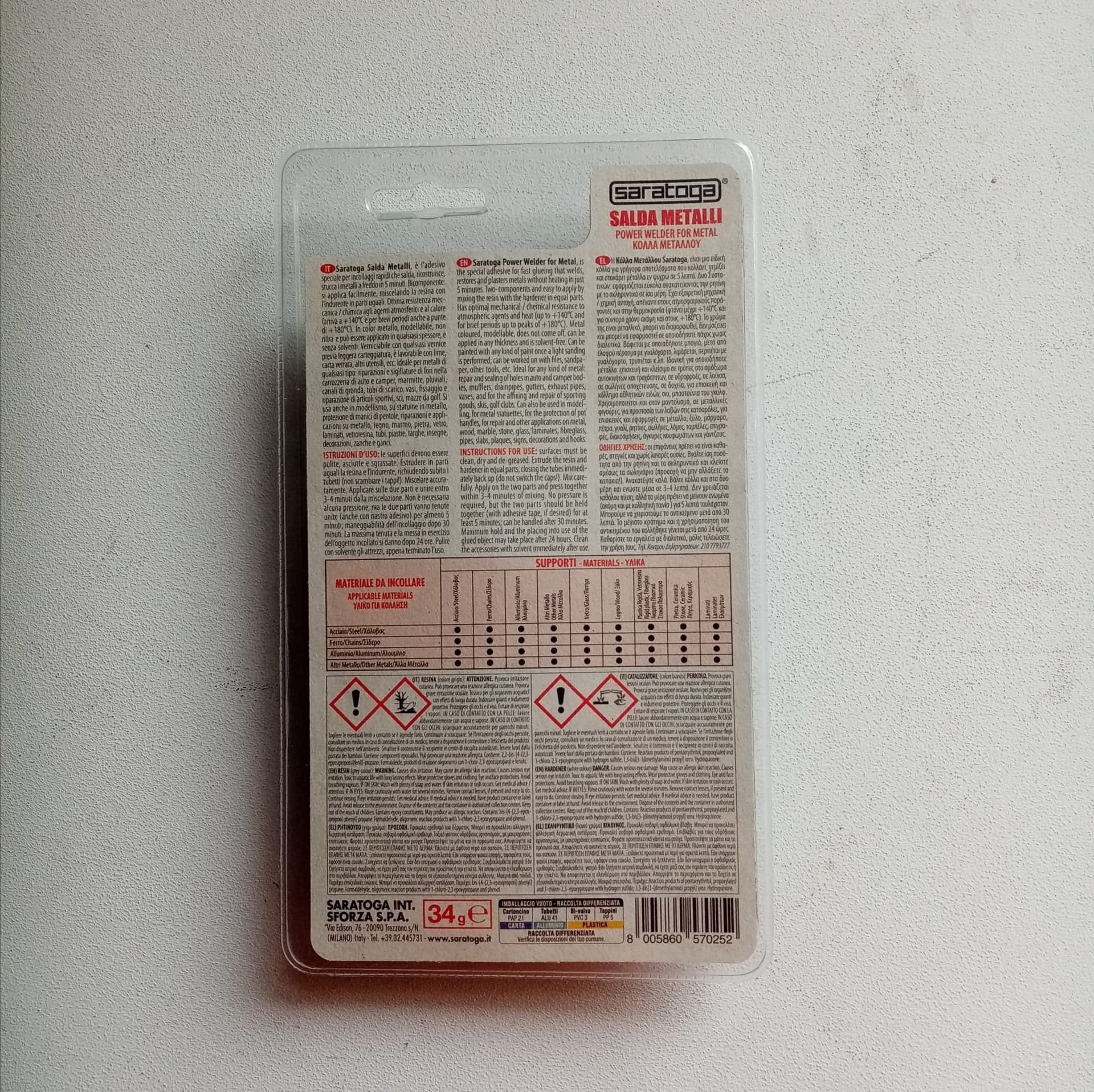 Saratoga salda metalli 34gr acciaio liquido rapido bicomponente per temperature massimo di 140°C in Adesivi bicomponenti Aloiserw.com - Altomonte, commercioVirtuoso.it