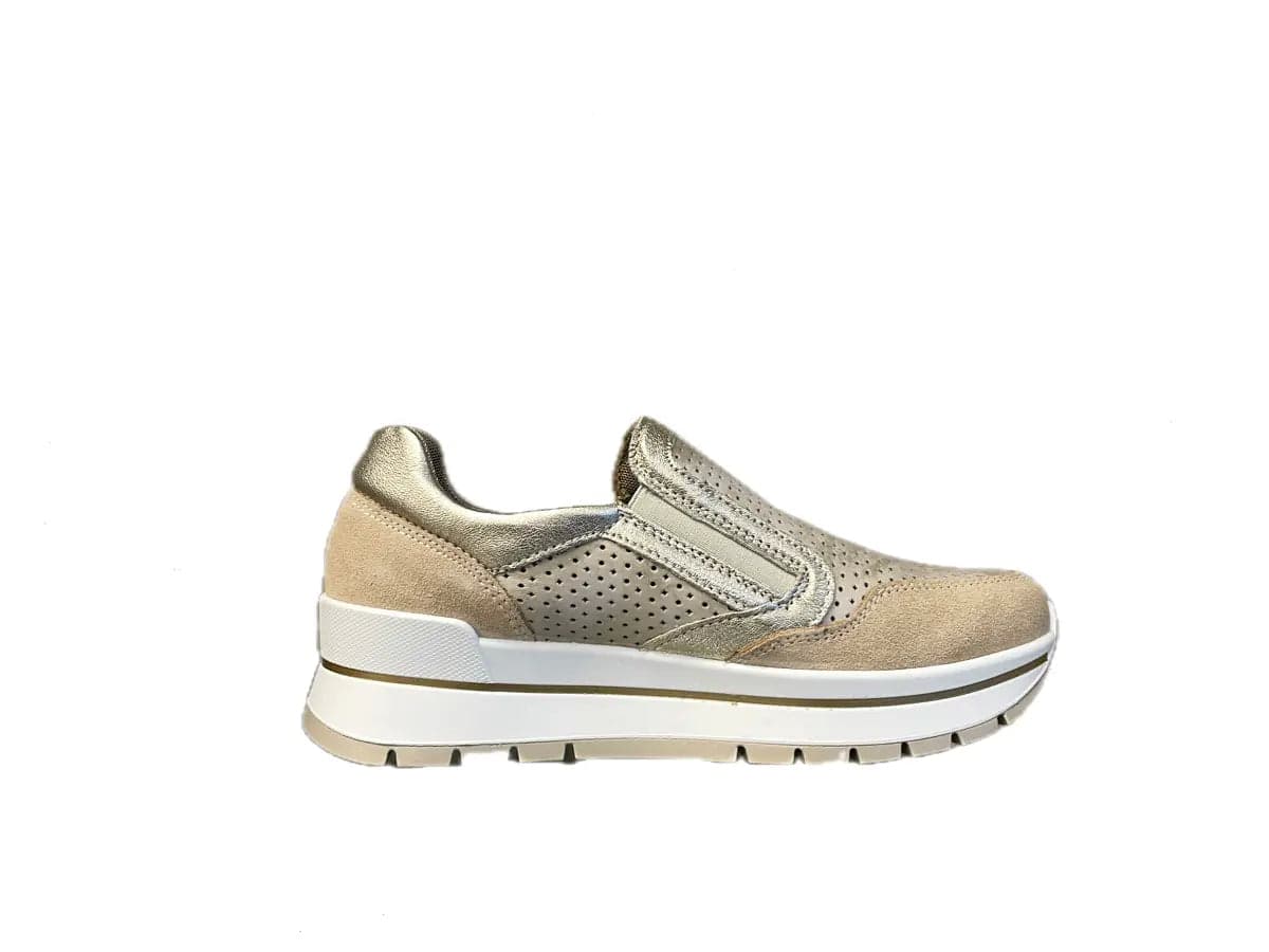 IGI &amp; CO Sneaker donna in pelle scamosciata beige e laminata platino in Sneaker casual Calzature Durello - Agna, commercioVirtuoso.it