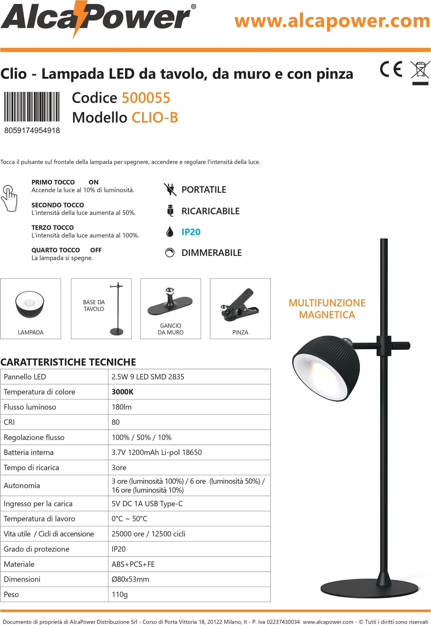 Alca Power Clio lampada da tavolo ricaricabile da 2,5W 180lm 3 in 1 portatile in Lampade da tavolo e abat-jour Aloiserw.com - Altomonte, commercioVirtuoso.it