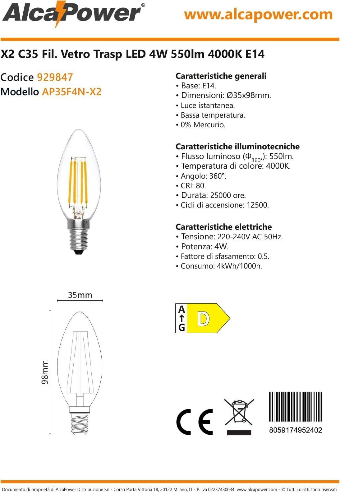 Alca Power C35 4W 200V 550LM 4000K E14 lampada oliva a filamento a led box da 2pz in Lampadine a LED Aloiserw.com - Altomonte, commercioVirtuoso.it