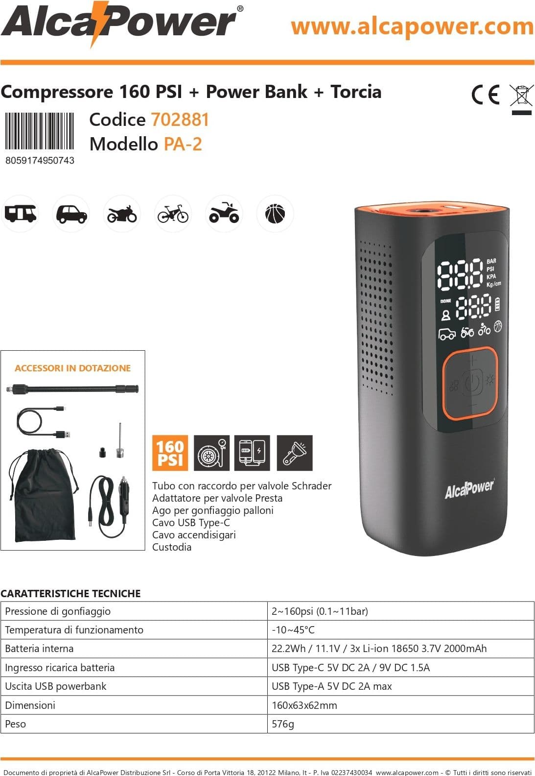 Alca Power Compressore 160 PSI + Power Bank + Torcia in Avviatori di emergenza Aloiserw.com - Altomonte, commercioVirtuoso.it