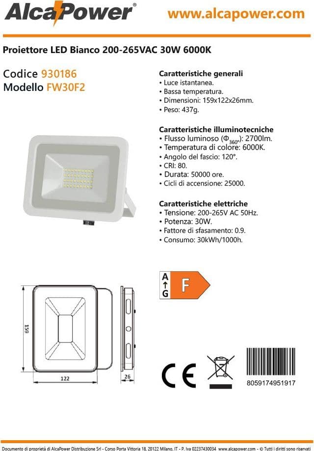 Alca Power proiettore LED 200-265V da 30W 6000°K luce fredda in Proiettori Aloiserw.com - Altomonte, commercioVirtuoso.it