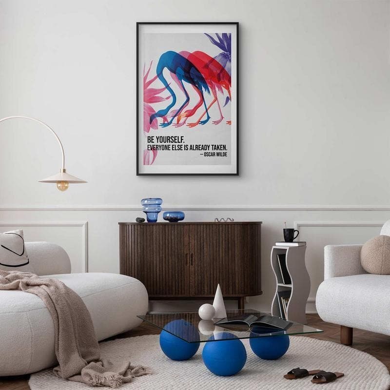 Poster - Colorful Repetition - three flamingo silhouettes with an inspiring quote in Poster e stampe Collezione Casa - Trebisacce, commercioVirtuoso.it