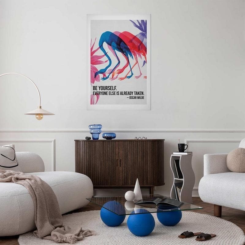 Poster - Colorful Repetition - three flamingo silhouettes with an inspiring quote in Poster e stampe Collezione Casa - Trebisacce, commercioVirtuoso.it