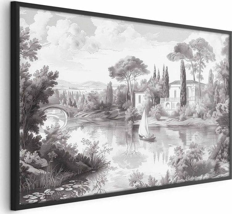 Poster - Black-and-White Vintage Landscape with a Pond in Poster e stampe Collezione Casa - Trebisacce, commercioVirtuoso.it