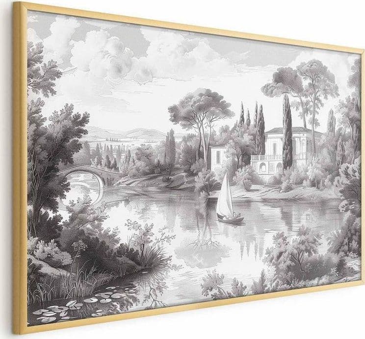 Poster - Black-and-White Vintage Landscape with a Pond in Poster e stampe Collezione Casa - Trebisacce, commercioVirtuoso.it