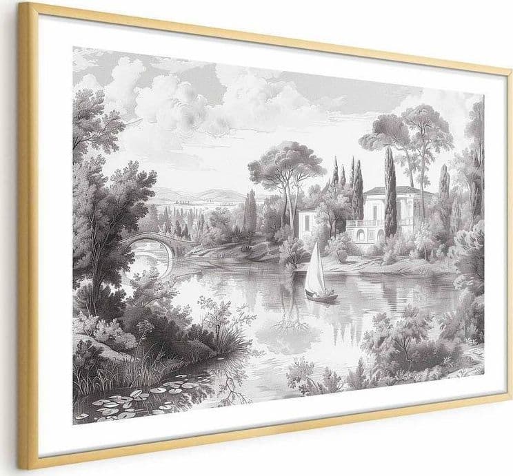 Poster - Black-and-White Vintage Landscape with a Pond in Poster e stampe Collezione Casa - Trebisacce, commercioVirtuoso.it