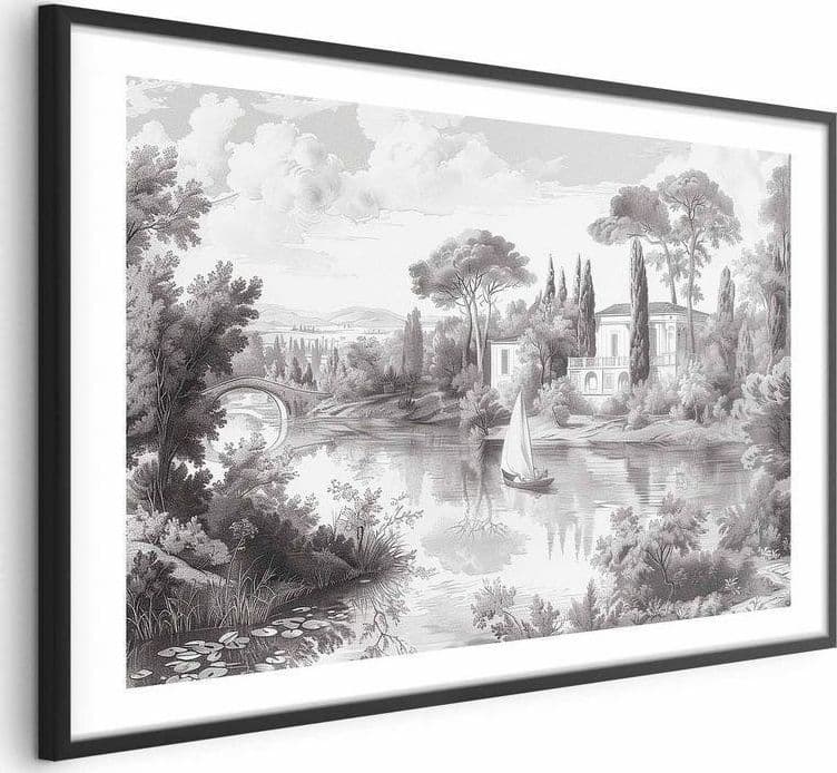 Poster - Black-and-White Vintage Landscape with a Pond in Poster e stampe Collezione Casa - Trebisacce, commercioVirtuoso.it