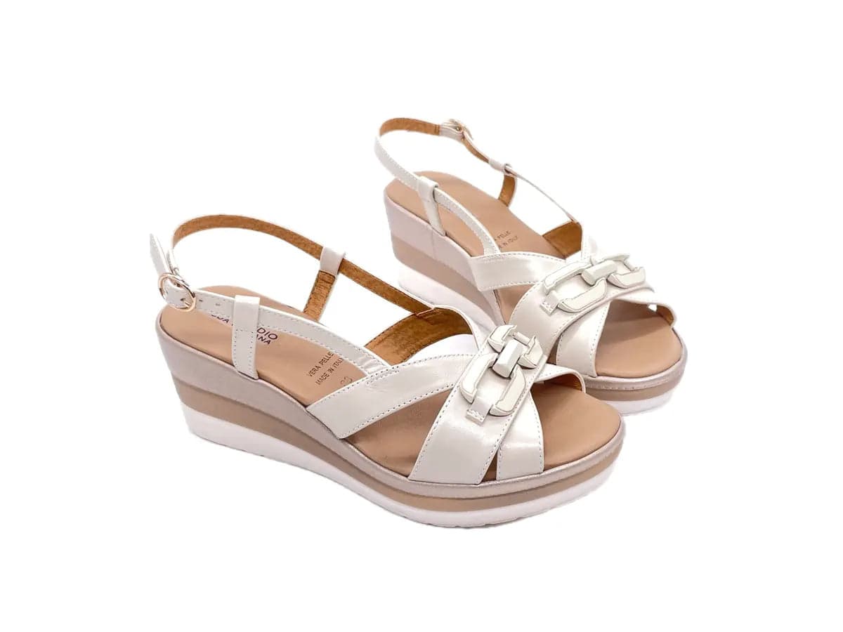 MODA ITALIA Sandali donna pelle avorio con zeppa in Sandali moda Calzature Durello - Agna, commercioVirtuoso.it