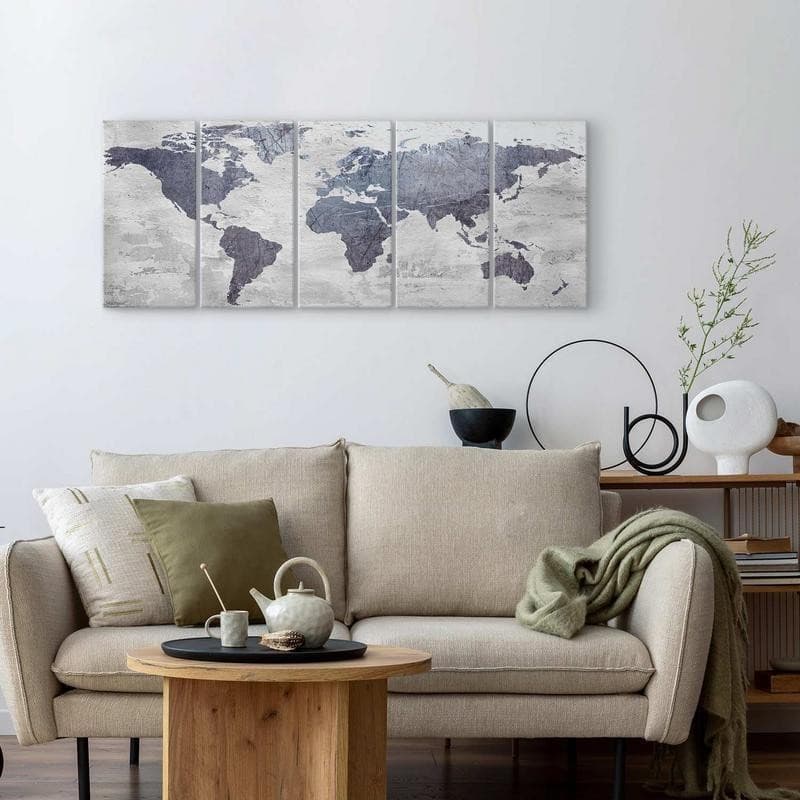 Quadro Concrete World Map (5 Parts) Narrow in Poster e stampe Collezione Casa - Trebisacce, commercioVirtuoso.it