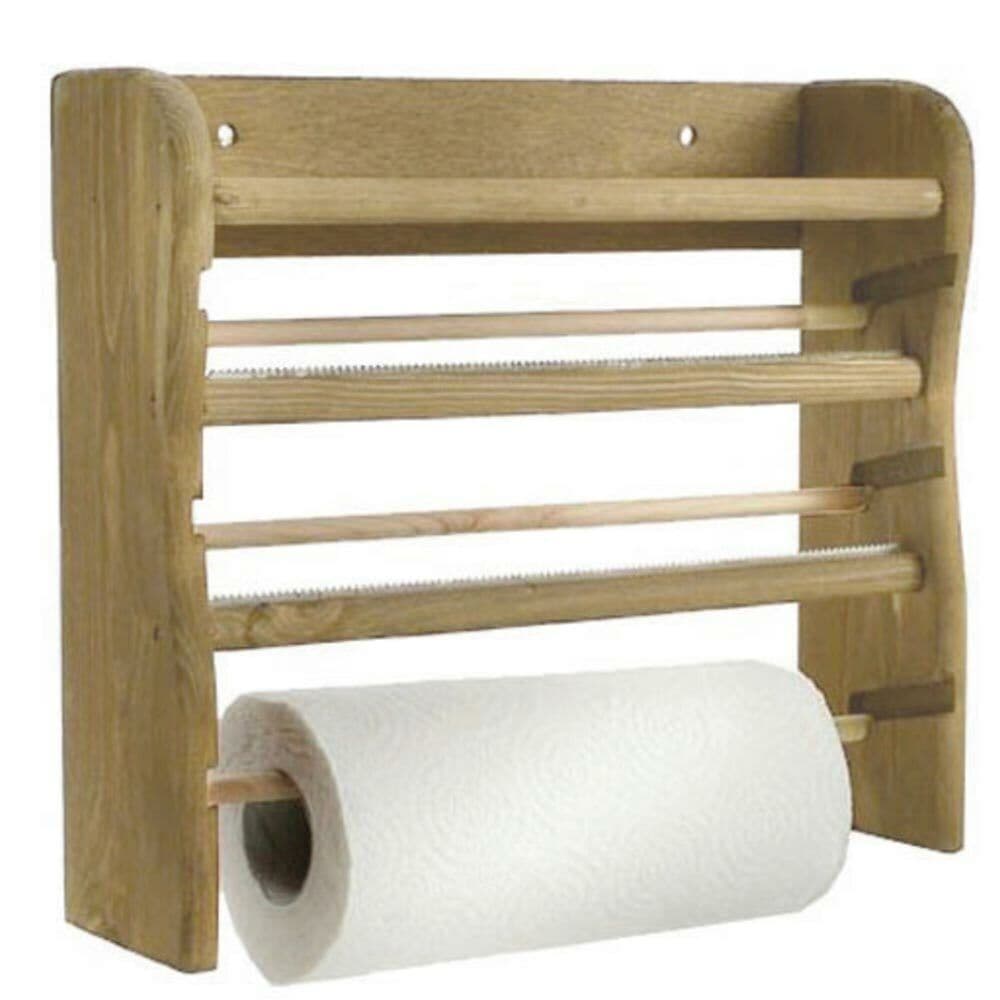 Porta Rotoli Da Cucina A Parete In Legno 3 Posti 33x9x29cm Con Rotolo Incluso