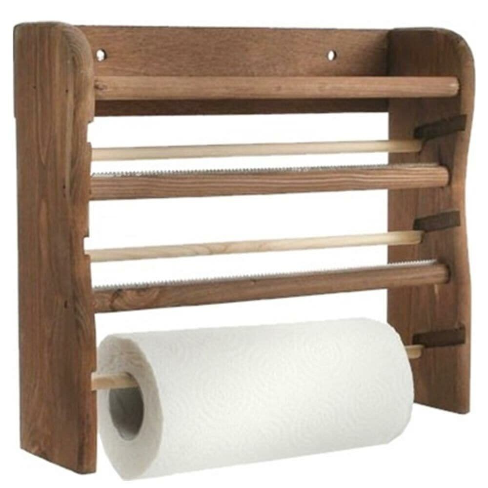 Porta Rotoli Da Cucina A Parete In Legno Scuro 3 Posti 33x9x29cm Rotolo Incluso