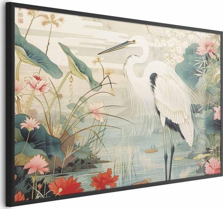 Poster - Over the Asian Pond - illustration in the Japanese print style featuring a heron in Poster e stampe Collezione Casa - Trebisacce, commercioVirtuoso.it