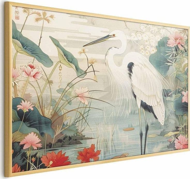 Poster - Over the Asian Pond - illustration in the Japanese print style featuring a heron in Poster e stampe Collezione Casa - Trebisacce, commercioVirtuoso.it