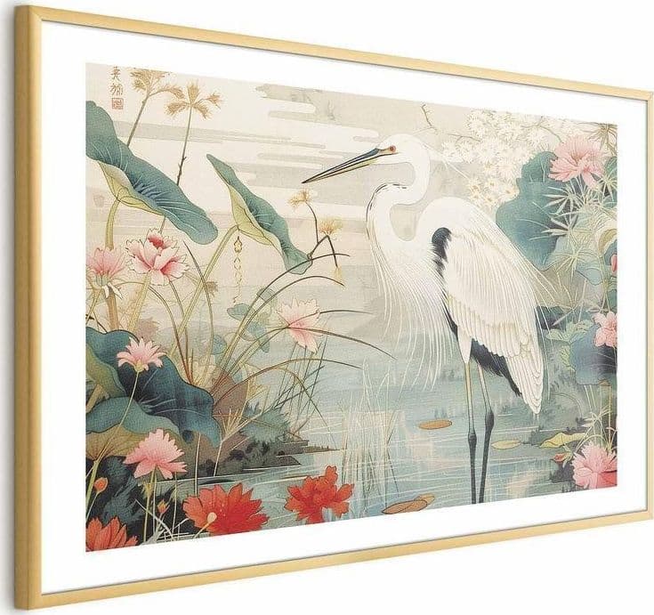 Poster - Over the Asian Pond - illustration in the Japanese print style featuring a heron in Poster e stampe Collezione Casa - Trebisacce, commercioVirtuoso.it