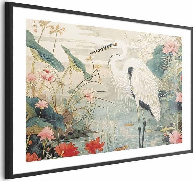Poster - Over the Asian Pond - illustration in the Japanese print style featuring a heron in Poster e stampe Collezione Casa - Trebisacce, commercioVirtuoso.it