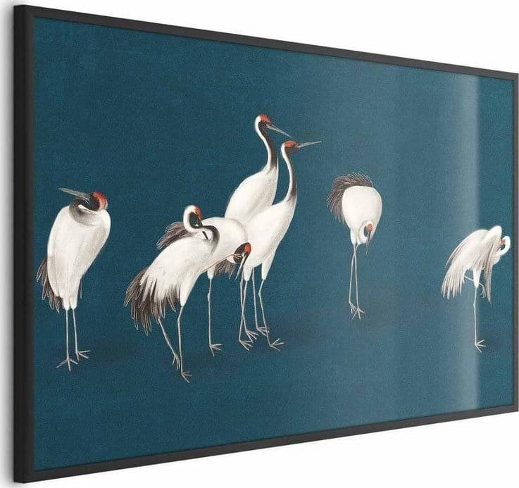 Poster - Evening at the Pond - group of cranes drawn in dry pastel on a dark turquoise background in Poster e stampe Collezione Casa - Trebisacce, commercioVirtuoso.it