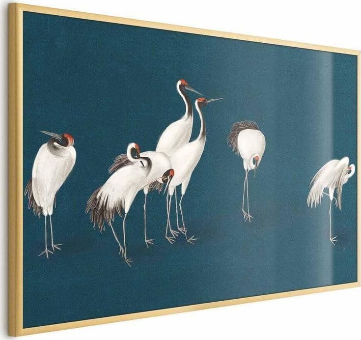 Poster - Evening at the Pond - group of cranes drawn in dry pastel on a dark turquoise background in Poster e stampe Collezione Casa - Trebisacce, commercioVirtuoso.it