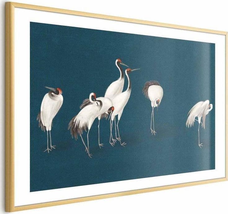 Poster - Evening at the Pond - group of cranes drawn in dry pastel on a dark turquoise background in Poster e stampe Collezione Casa - Trebisacce, commercioVirtuoso.it