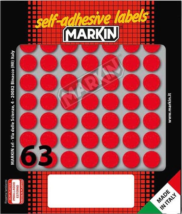 Etichetta adesiva rosso tonda D14mm (10fogli x 63etichette Markin