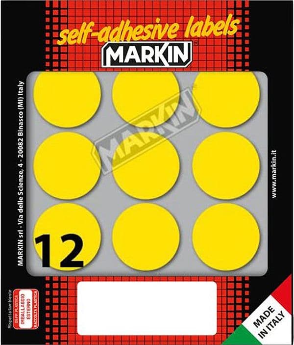 Etichetta adesiva giallo tonda D34mm (10fogli x 12etichette Markin