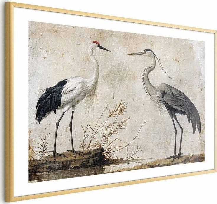 Poster - Birds from an Old Engraving - vintage-style illustration of a heron and a crane in Poster e stampe Collezione Casa - Trebisacce, commercioVirtuoso.it