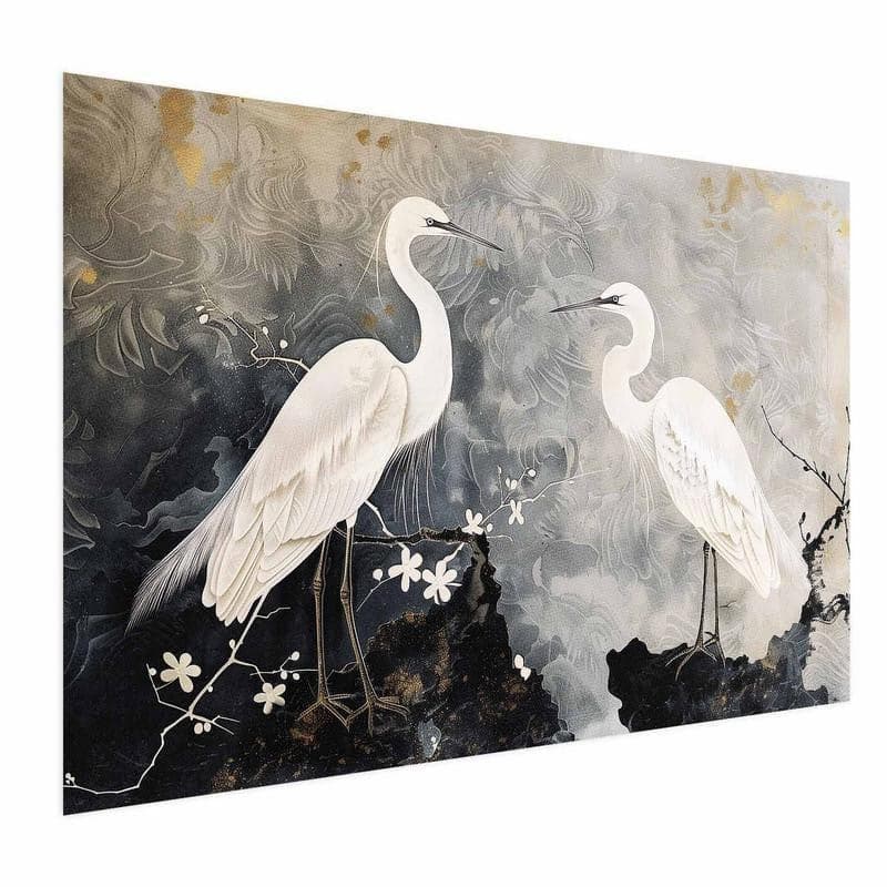 Poster - Herons and Cherry Blossom - oriental-style illustration depicting birds in Poster e stampe Collezione Casa - Trebisacce, commercioVirtuoso.it