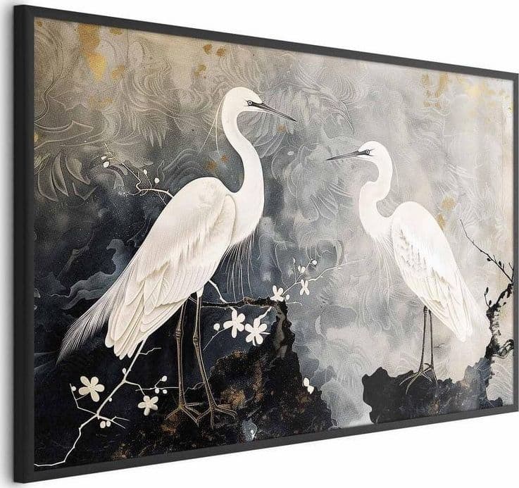 Poster - Herons and Cherry Blossom - oriental-style illustration depicting birds in Poster e stampe Collezione Casa - Trebisacce, commercioVirtuoso.it