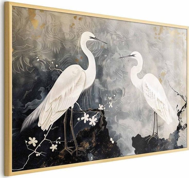 Poster - Herons and Cherry Blossom - oriental-style illustration depicting birds in Poster e stampe Collezione Casa - Trebisacce, commercioVirtuoso.it