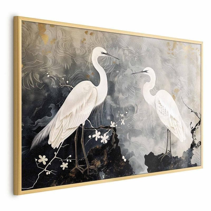 Poster - Herons and Cherry Blossom - oriental-style illustration depicting birds in Poster e stampe Collezione Casa - Trebisacce, commercioVirtuoso.it