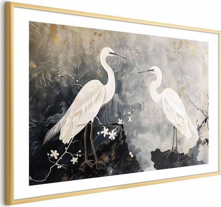 Poster - Herons and Cherry Blossom - oriental-style illustration depicting birds in Poster e stampe Collezione Casa - Trebisacce, commercioVirtuoso.it