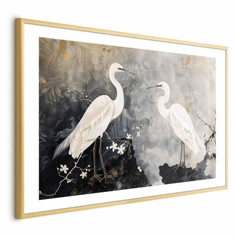 Poster - Herons and Cherry Blossom - oriental-style illustration depicting birds in Poster e stampe Collezione Casa - Trebisacce, commercioVirtuoso.it