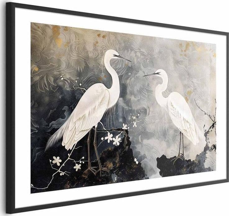 Poster - Herons and Cherry Blossom - oriental-style illustration depicting birds in Poster e stampe Collezione Casa - Trebisacce, commercioVirtuoso.it
