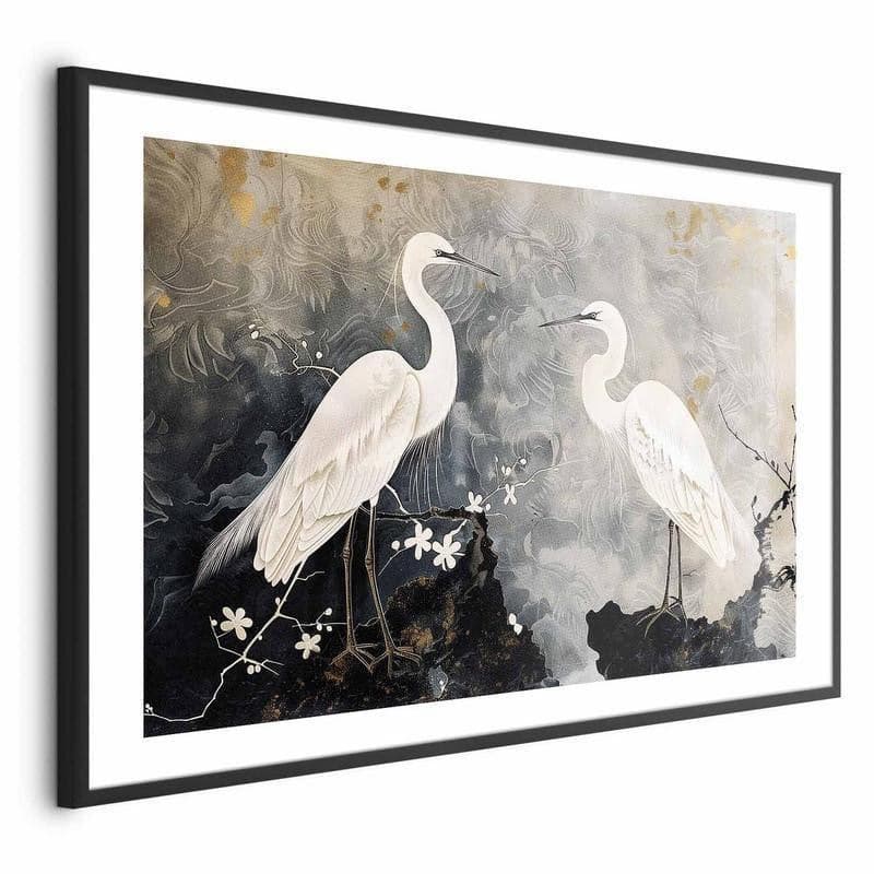 Poster - Herons and Cherry Blossom - oriental-style illustration depicting birds in Poster e stampe Collezione Casa - Trebisacce, commercioVirtuoso.it