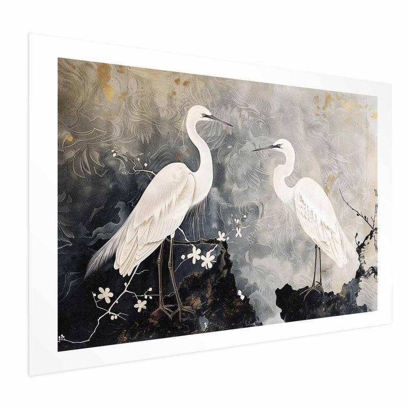 Poster - Herons and Cherry Blossom - oriental-style illustration depicting birds in Poster e stampe Collezione Casa - Trebisacce, commercioVirtuoso.it