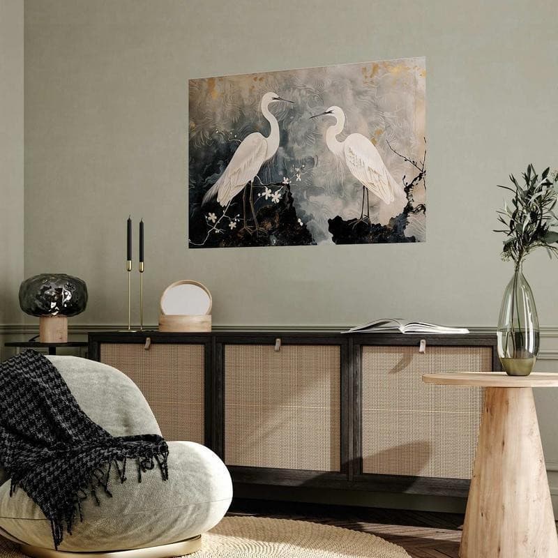 Poster - Herons and Cherry Blossom - oriental-style illustration depicting birds in Poster e stampe Collezione Casa - Trebisacce, commercioVirtuoso.it