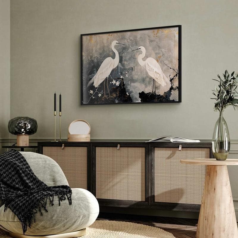 Poster - Herons and Cherry Blossom - oriental-style illustration depicting birds in Poster e stampe Collezione Casa - Trebisacce, commercioVirtuoso.it