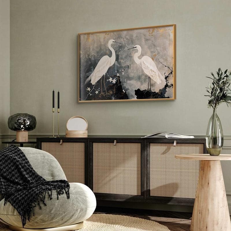Poster - Herons and Cherry Blossom - oriental-style illustration depicting birds in Poster e stampe Collezione Casa - Trebisacce, commercioVirtuoso.it
