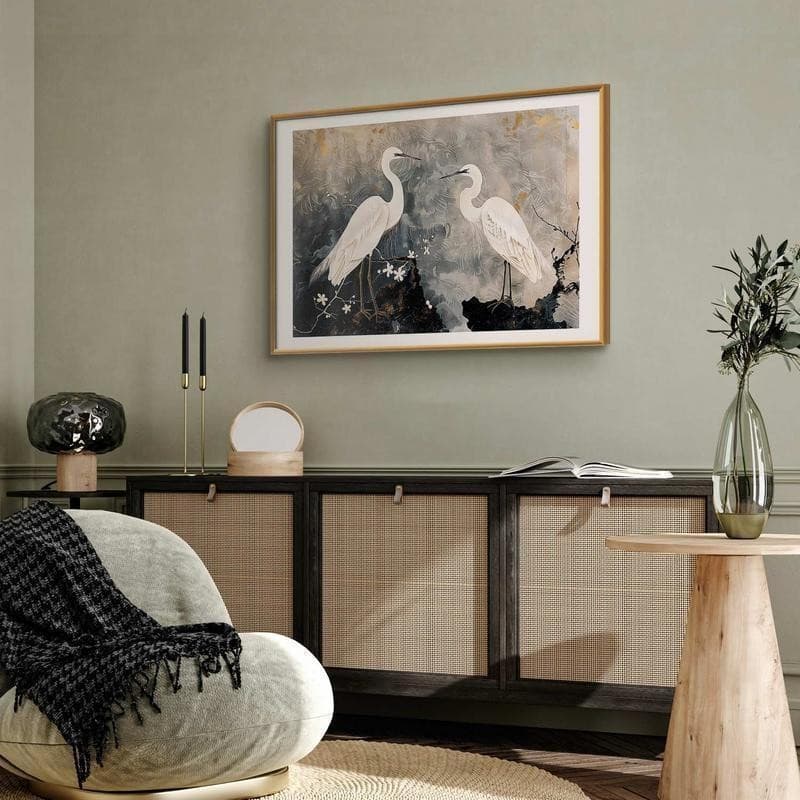 Poster - Herons and Cherry Blossom - oriental-style illustration depicting birds in Poster e stampe Collezione Casa - Trebisacce, commercioVirtuoso.it