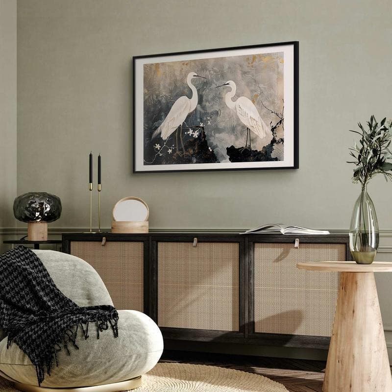 Poster - Herons and Cherry Blossom - oriental-style illustration depicting birds in Poster e stampe Collezione Casa - Trebisacce, commercioVirtuoso.it
