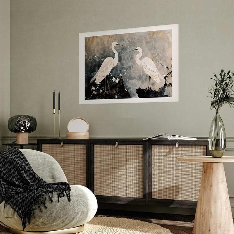 Poster - Herons and Cherry Blossom - oriental-style illustration depicting birds in Poster e stampe Collezione Casa - Trebisacce, commercioVirtuoso.it