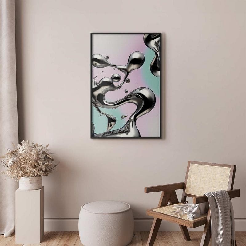 Poster - Metallic Fluidity - abstract silver forms on a mint-purple background in Poster e stampe Collezione Casa - Trebisacce, commercioVirtuoso.it