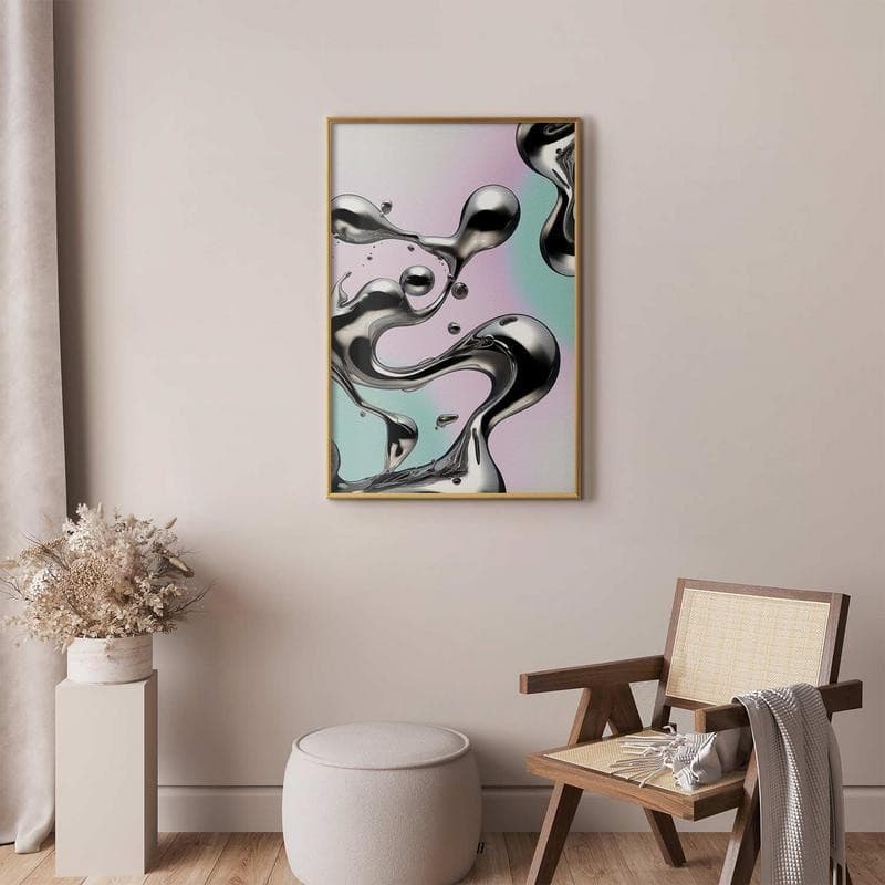 Poster - Metallic Fluidity - abstract silver forms on a mint-purple background in Poster e stampe Collezione Casa - Trebisacce, commercioVirtuoso.it