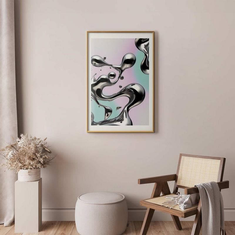 Poster - Metallic Fluidity - abstract silver forms on a mint-purple background in Poster e stampe Collezione Casa - Trebisacce, commercioVirtuoso.it