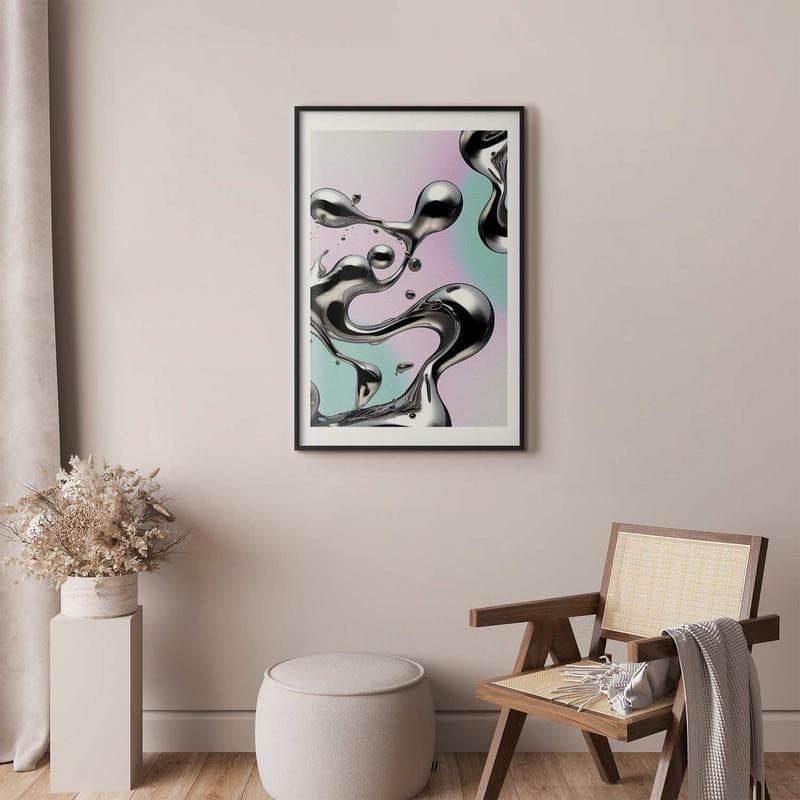 Poster - Metallic Fluidity - abstract silver forms on a mint-purple background in Poster e stampe Collezione Casa - Trebisacce, commercioVirtuoso.it